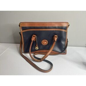 Vtg Dooney And Bourke Navy Brown Pebbled Leather Purse Satchel Crossbody